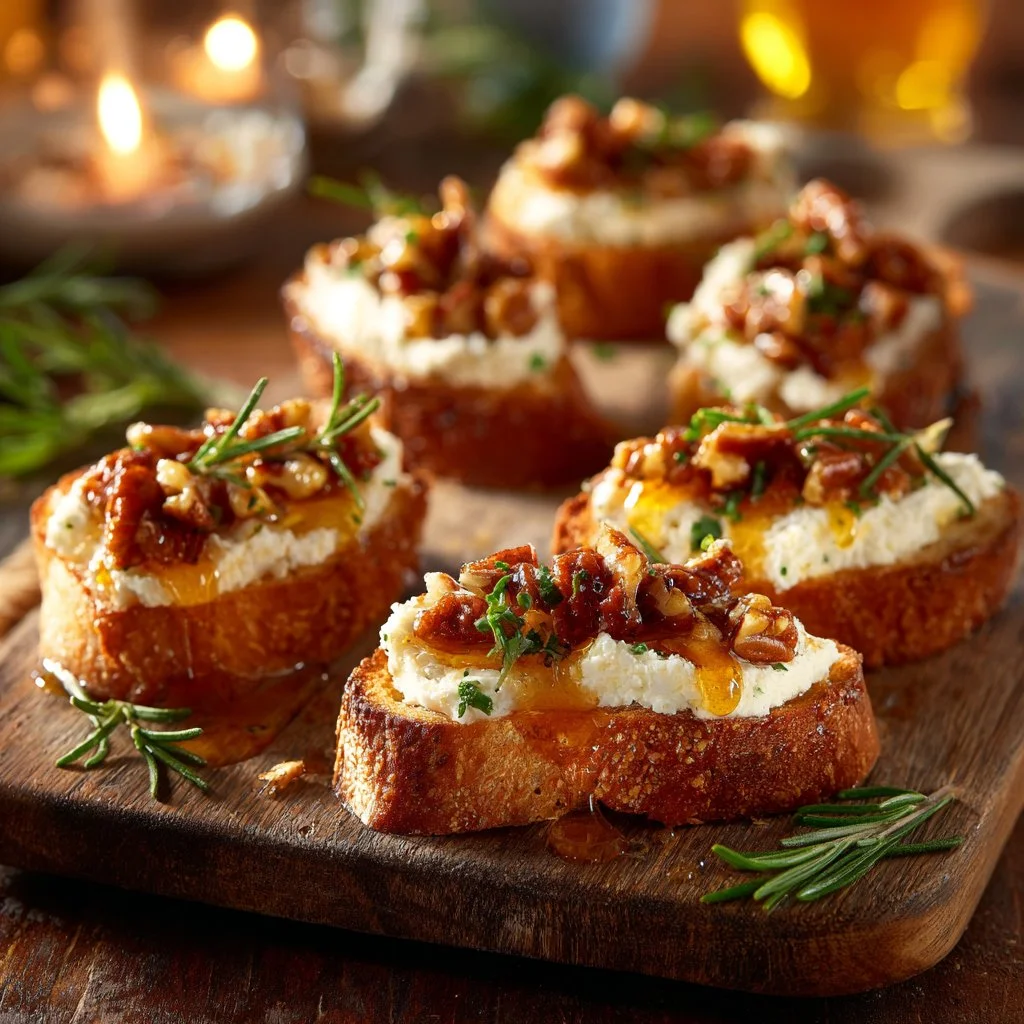 Sweet and spicy whipped feta crostini topped with fresh herbs
