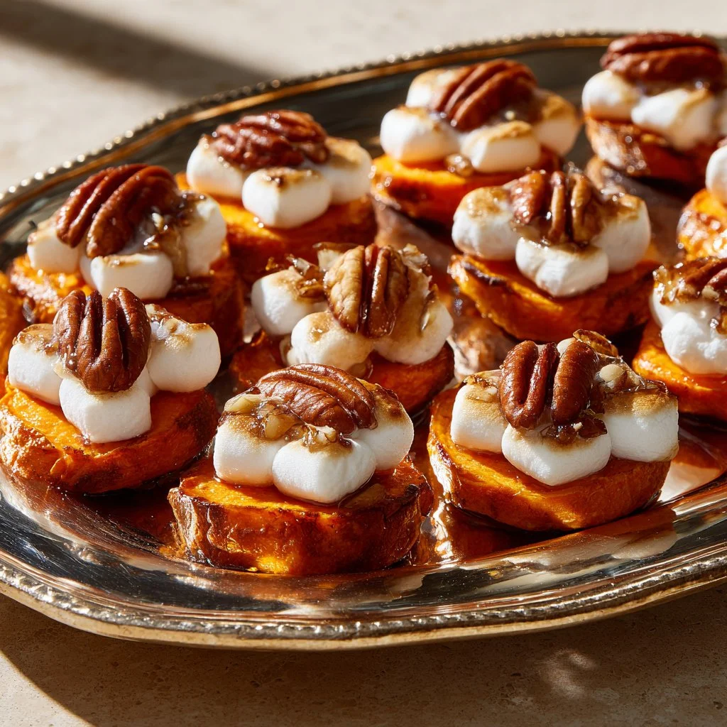 Delicious sweet potato bites with marshmallow filling and pecans topping