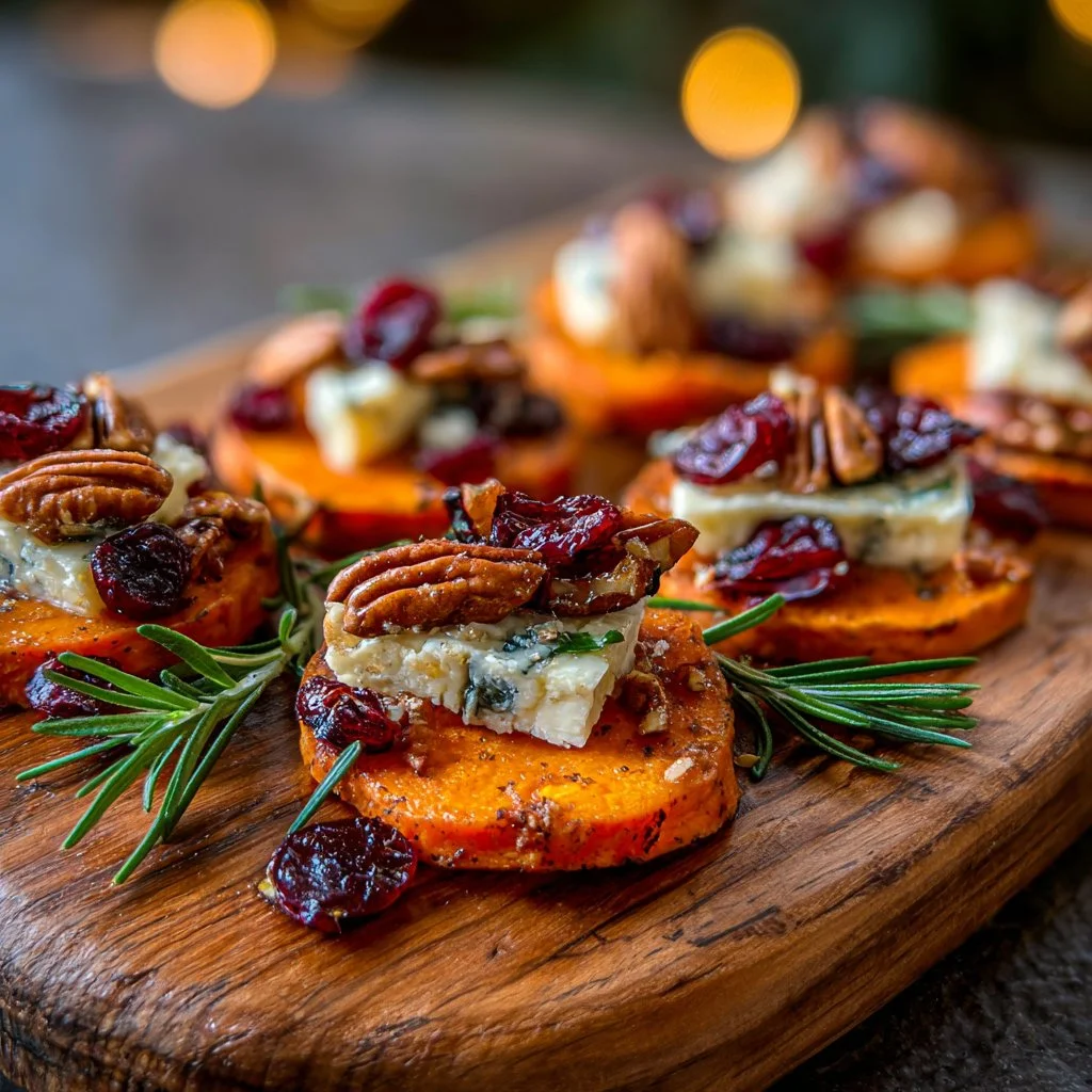 Sweet potato rounds topped with brie cheese, cranberry sauce, and pecans