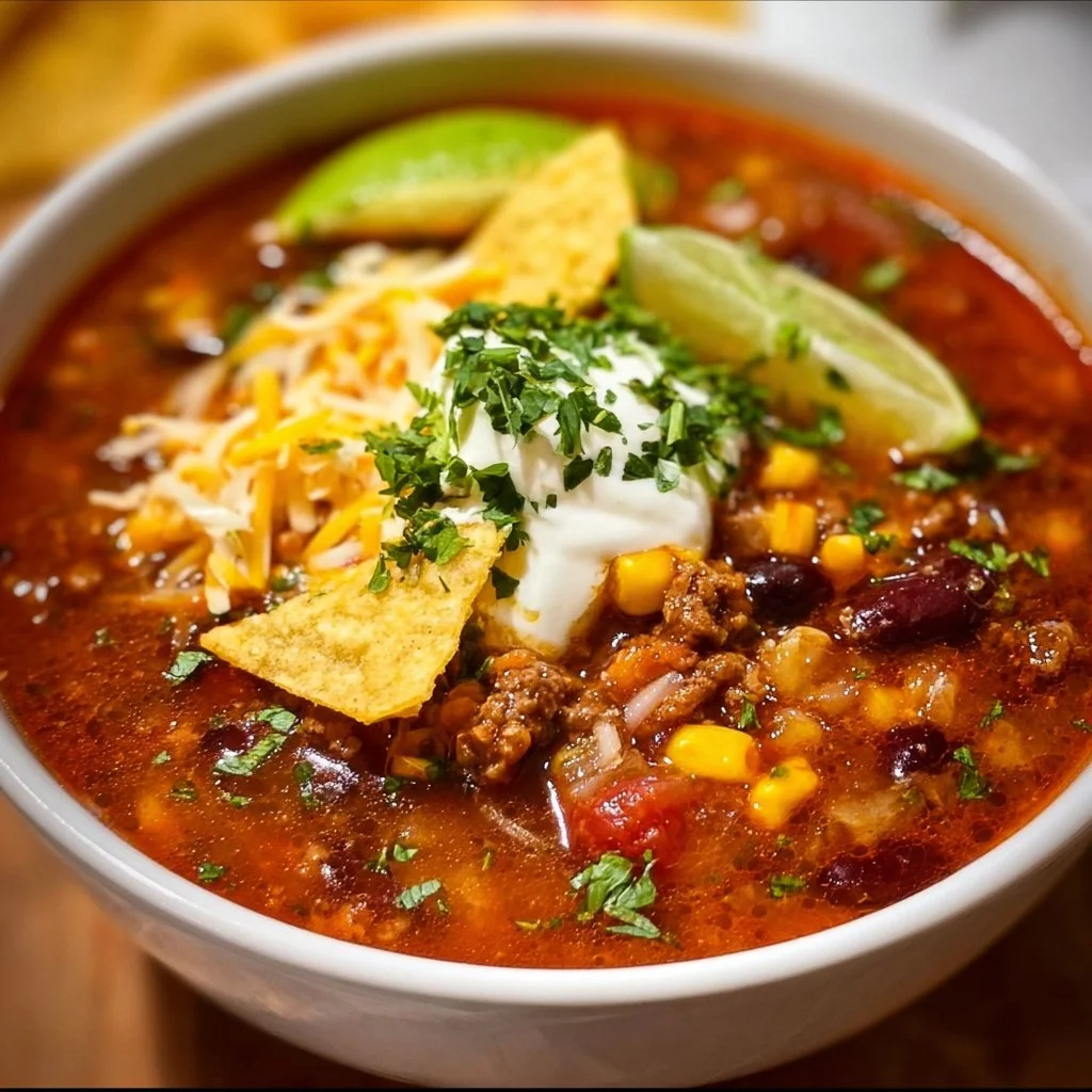 Delicious bowl of Taco Soup topped with cheese and cilantro