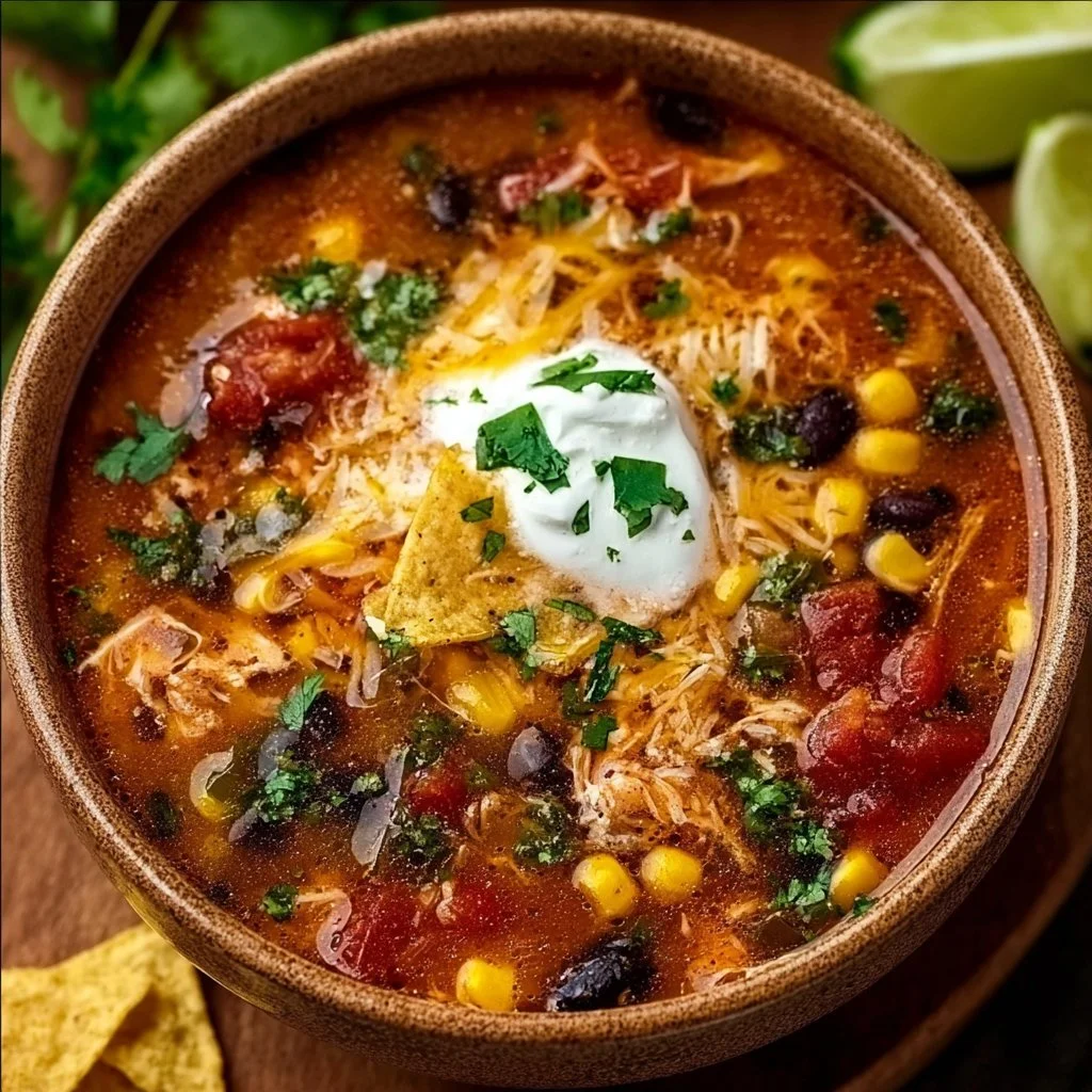 Delicious bowl of taco soup topped with cheese and cilantro