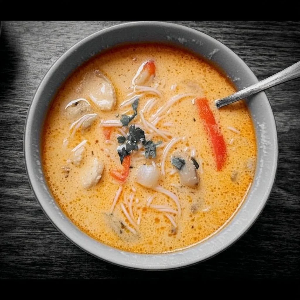 Bowl of Thai coconut curry soup garnished with fresh herbs and lime.