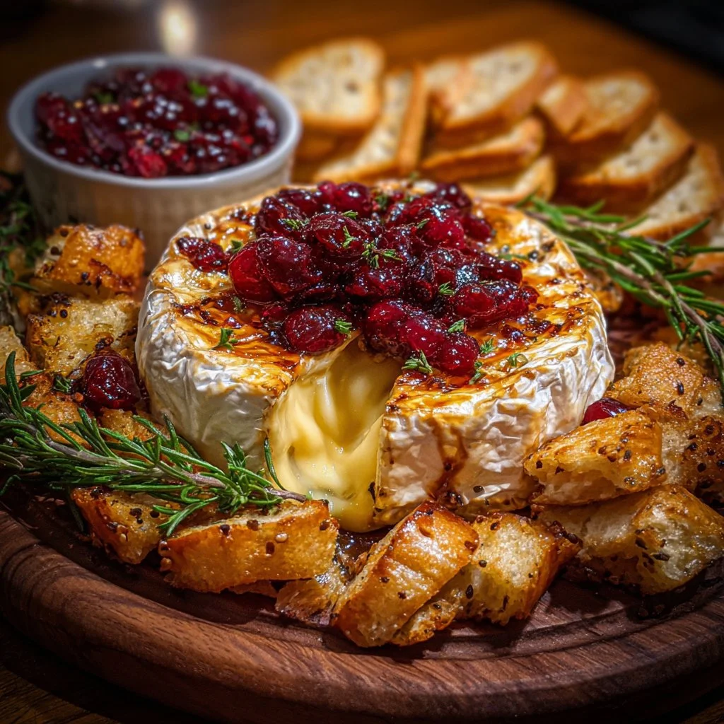 Baked brie appetizer topped with nuts and dried fruit for Thanksgiving
