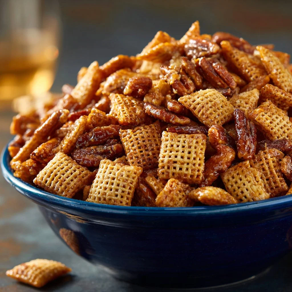 Delicious Toffee Chex Mix made with chocolate, nuts, and Chex cereal.