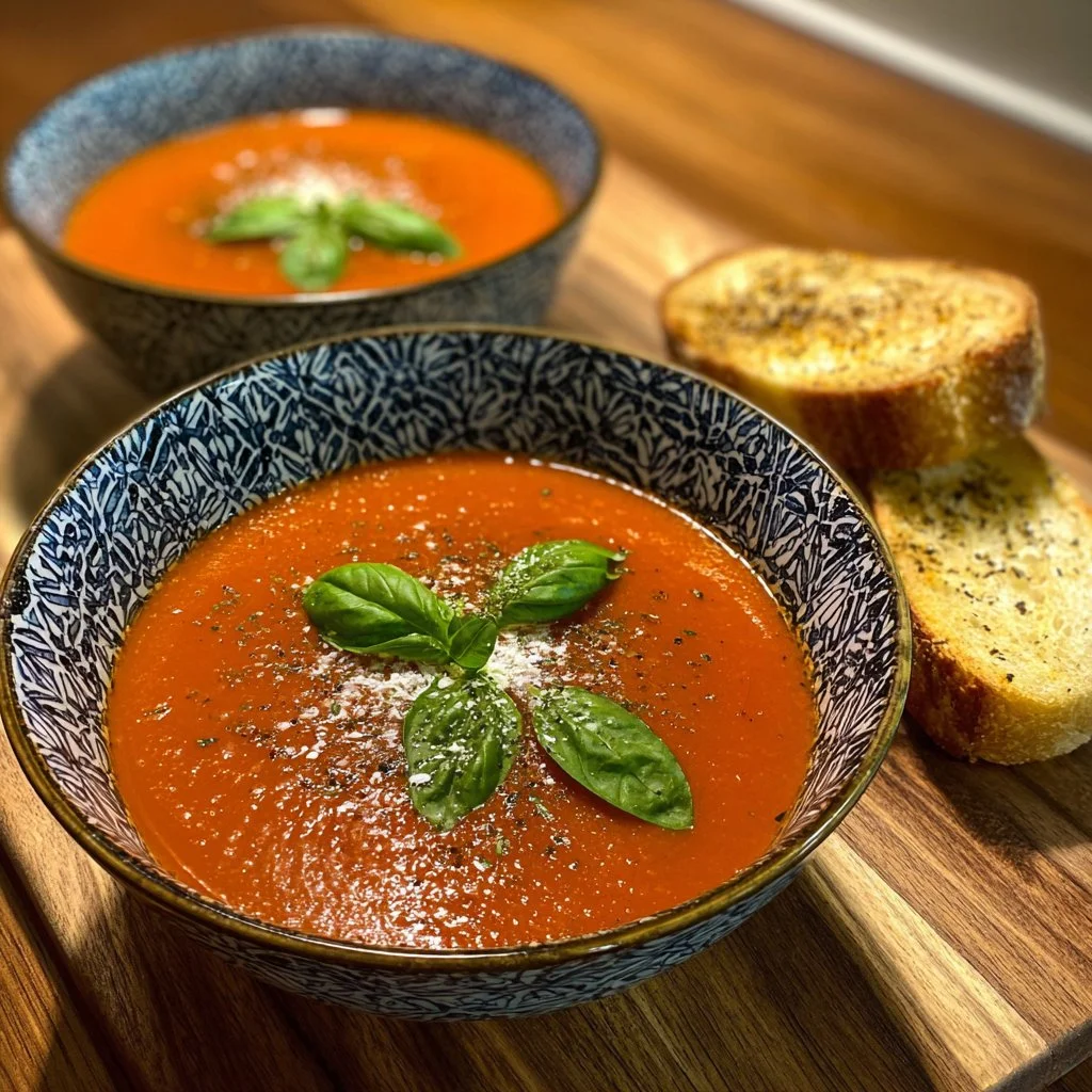 A bowl of rich and creamy tomato soup garnished with fresh basil leaves.