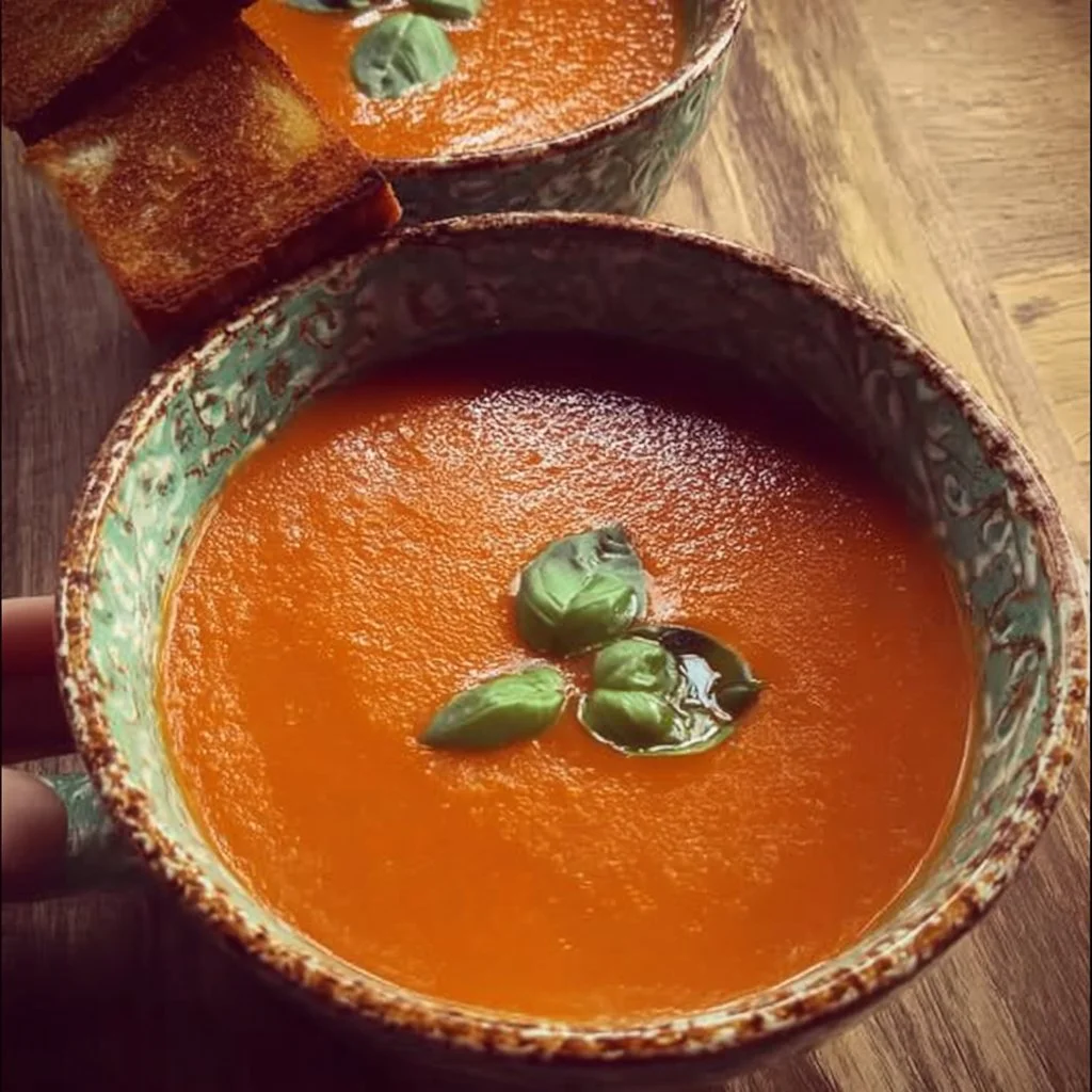 Bowl of delicious tomato soup garnished with fresh basil and cream