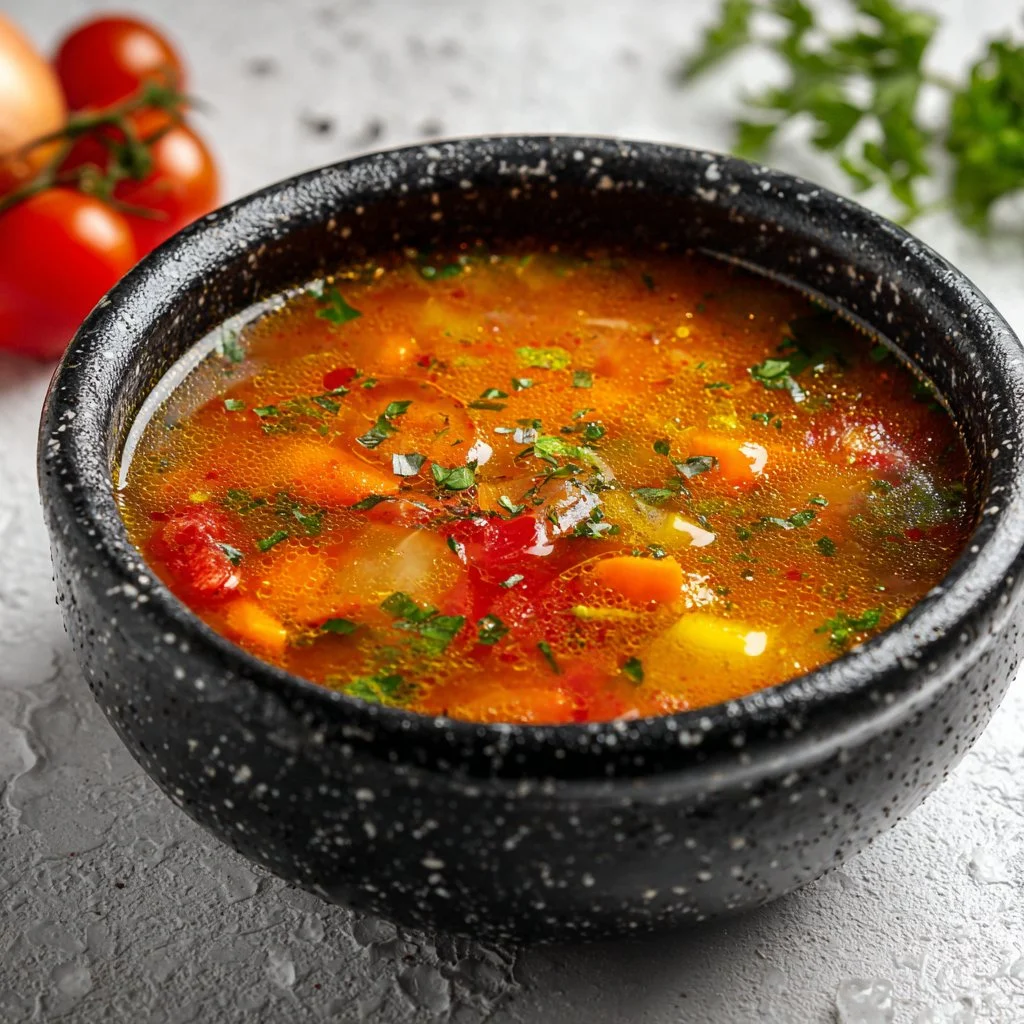 Delicious bowl of tomato soup with rice, garnished with herbs and served hot.