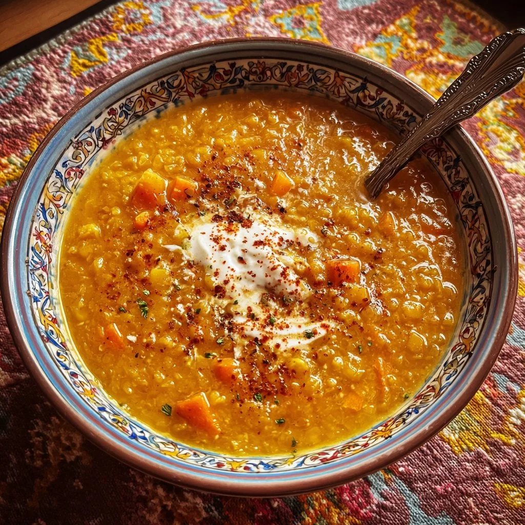 Bowl of delicious and fragrant Turkish Lentil Soup topped with fresh herbs.
