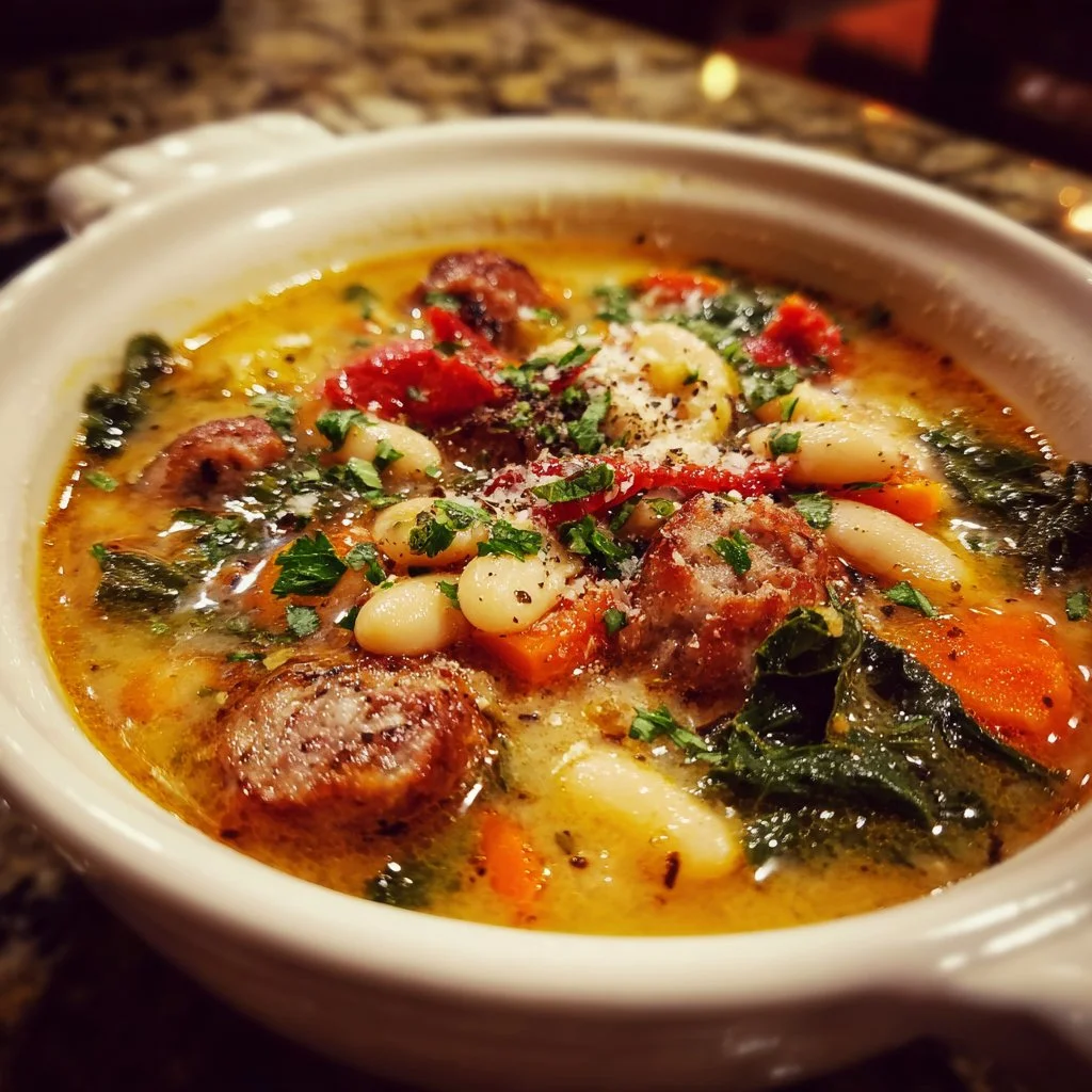 A bowl of delicious Tuscan White Bean Soup with fresh herbs and vegetables
