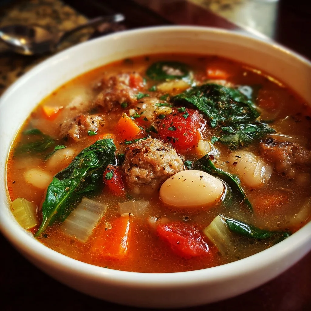 Bowl of delicious Tuscan white bean soup garnished with herbs and bread.