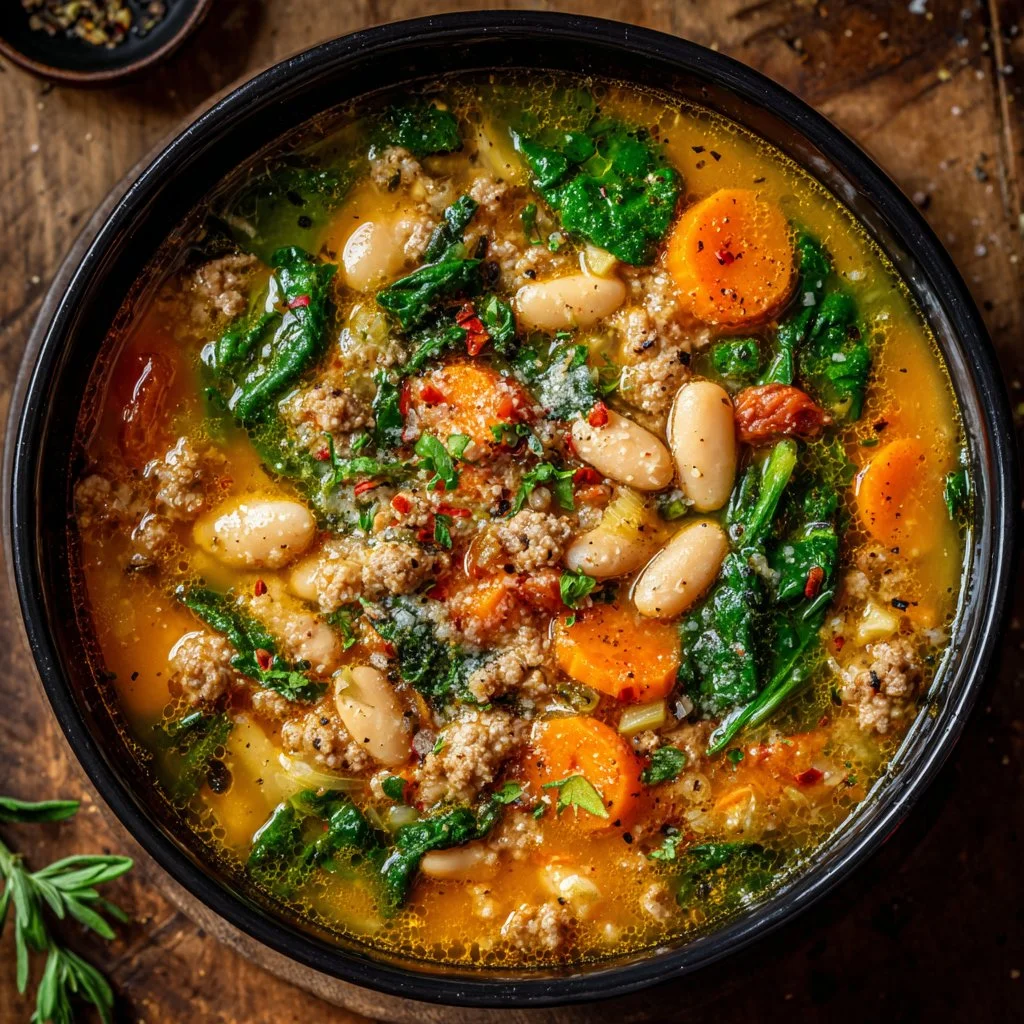 A bowl of Tuscan white bean soup garnished with herbs and fresh vegetables.