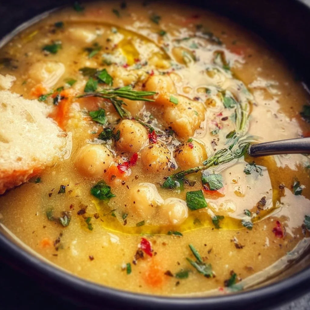 Bowl of Vegan Garlic Chickpea Soup garnished with herbs and spices