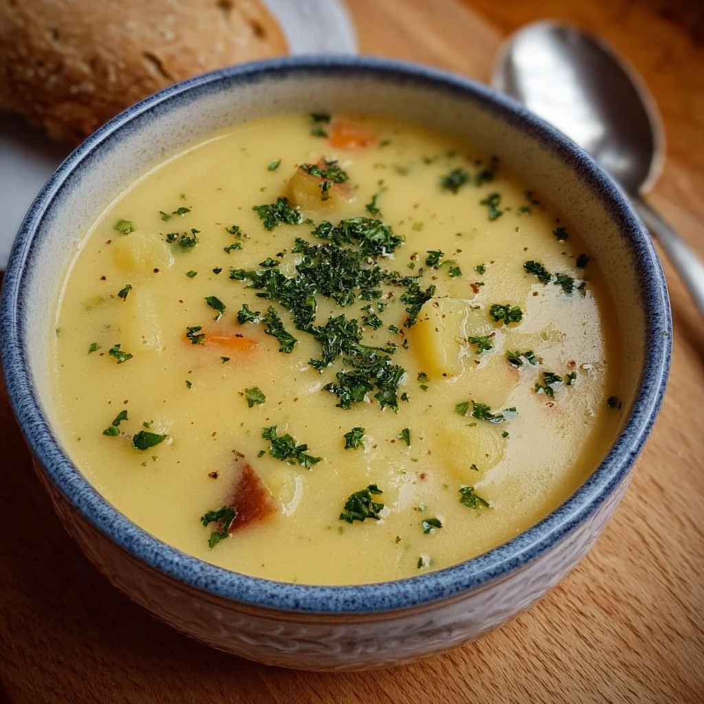 Bowl of Vegan German Potato Soup garnished with fresh herbs