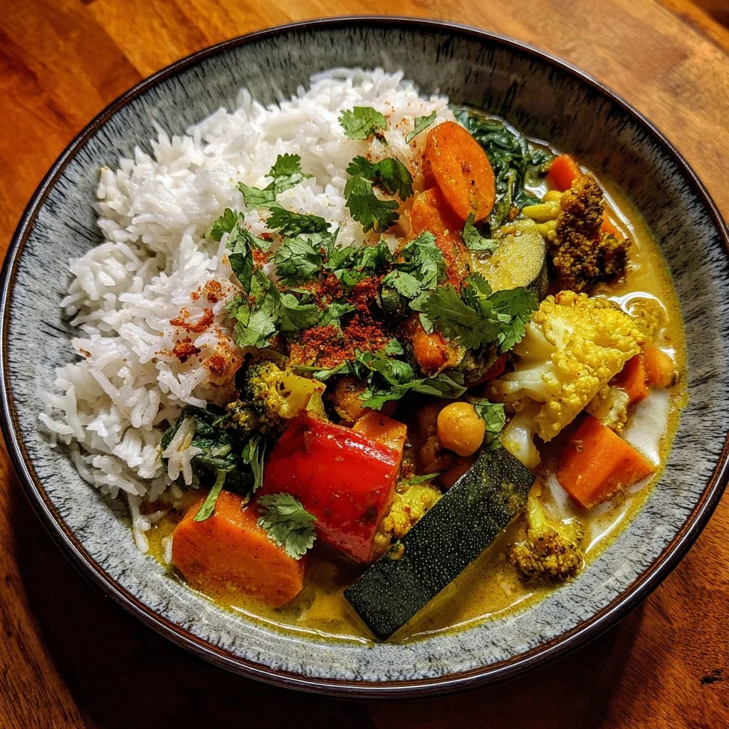 A delicious bowl of vegetable curry with vibrant colors and spices.