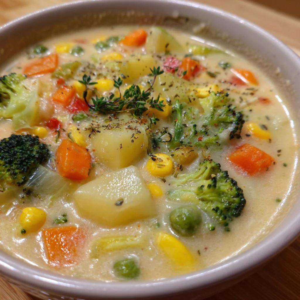 Delicious Veggie Pot Pie Soup with fresh vegetables and a flaky crust