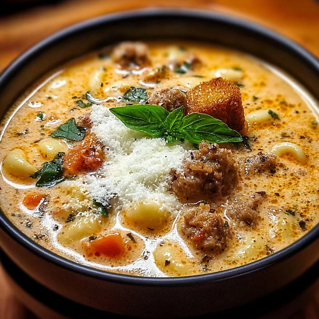 Bowl of velvety Italian sausage Parmesan soup garnished with herbs.