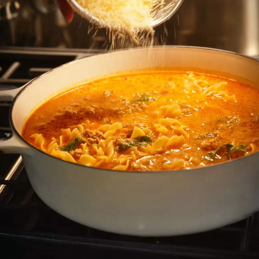 Bowl of viral lasagna soup topped with cheese and herbs, ready to serve.