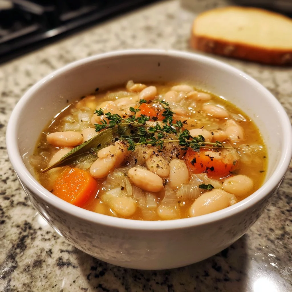 Bowl of creamy white bean soup garnished with herbs
