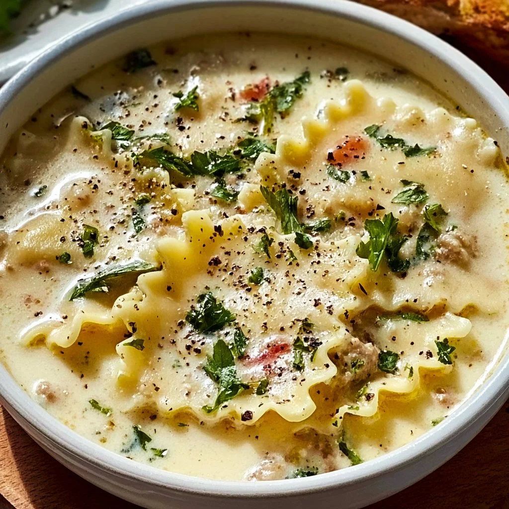 Delicious white lasagna soup in a bowl topped with fresh herbs