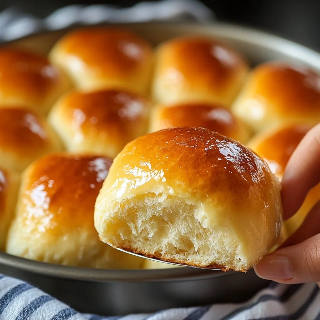 Freshly baked 30-minute dinner rolls on a wooden table.