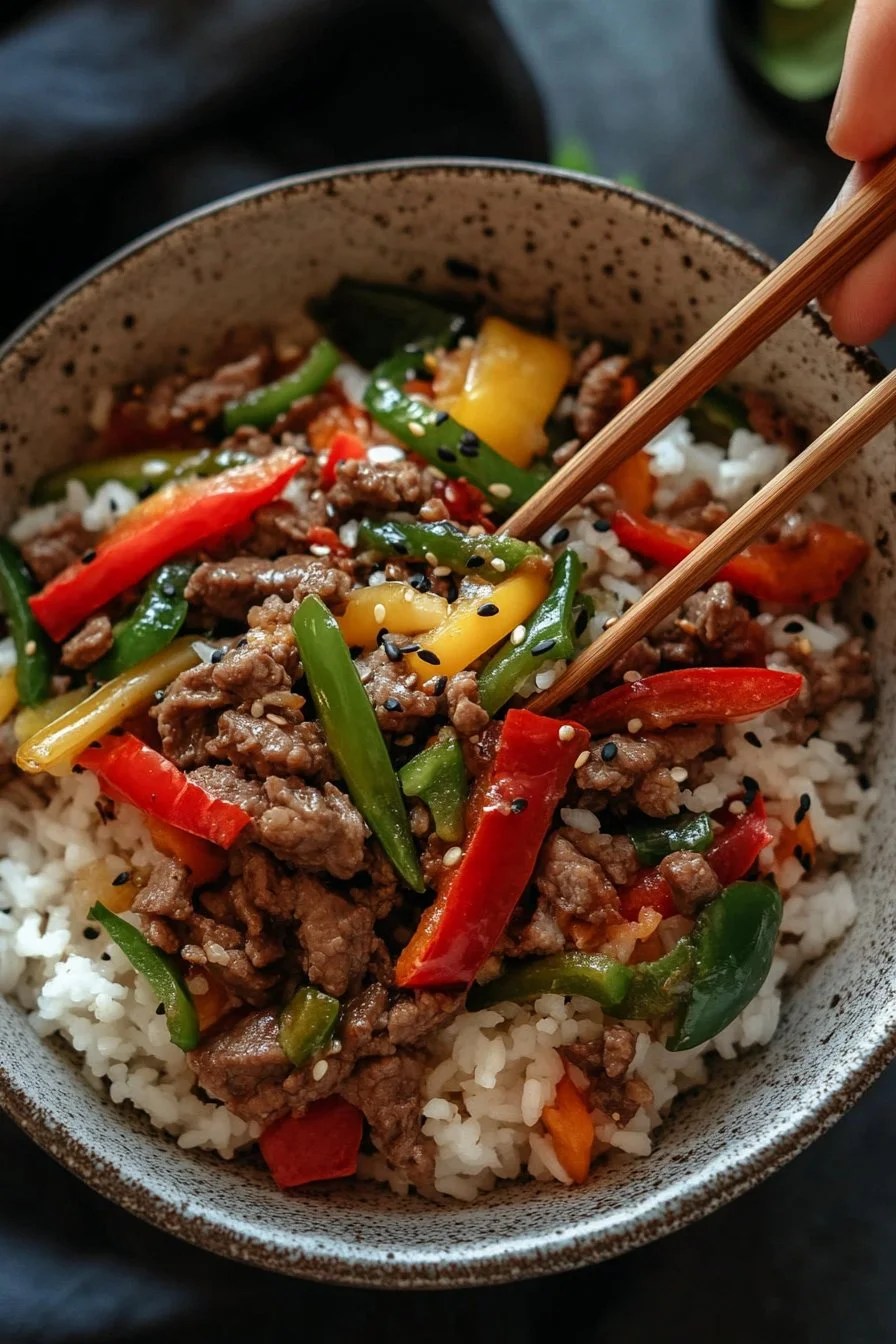 Healthy Beef and Pepper Rice Bowl
