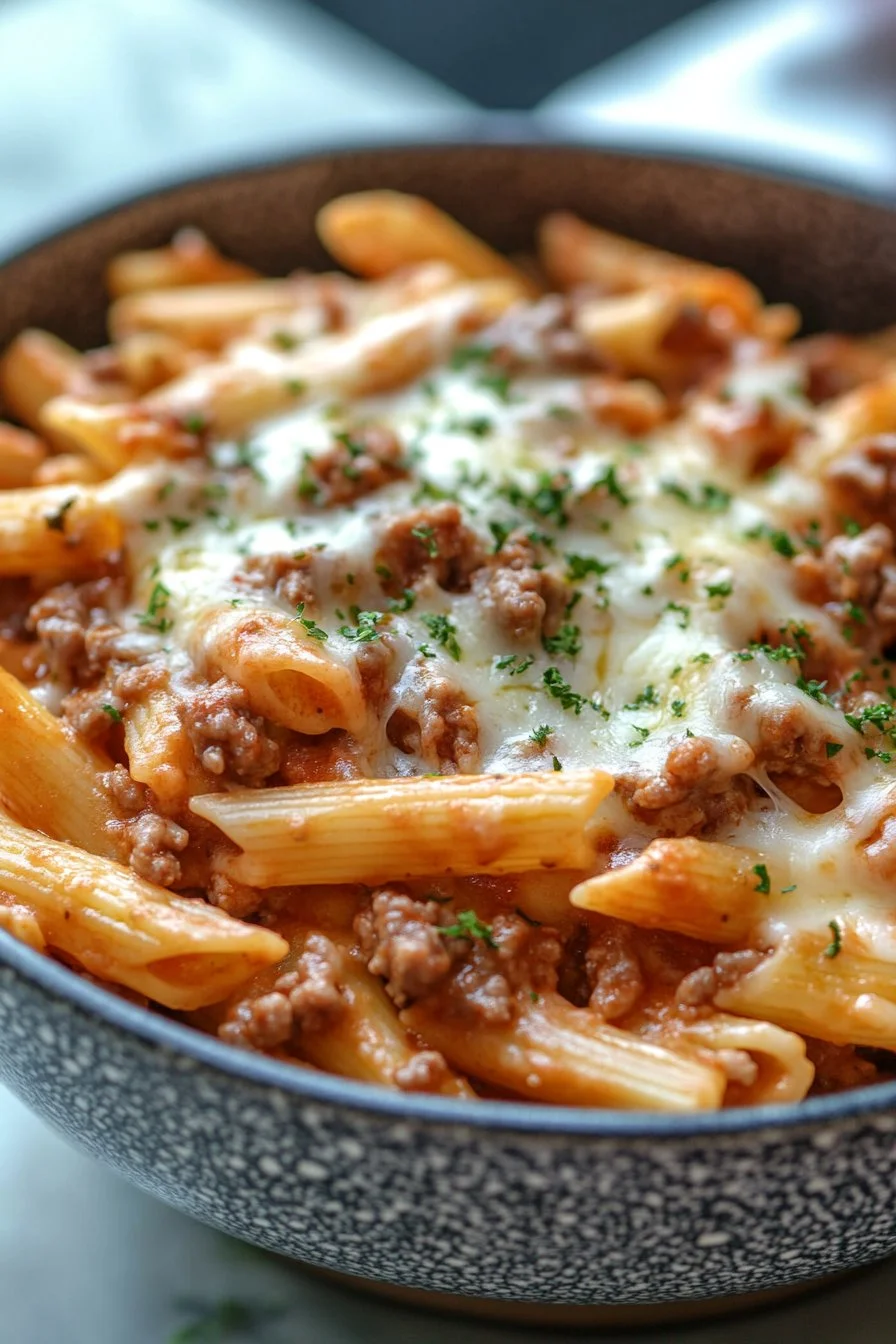 Easy Cheesy Beef Penne Noodles