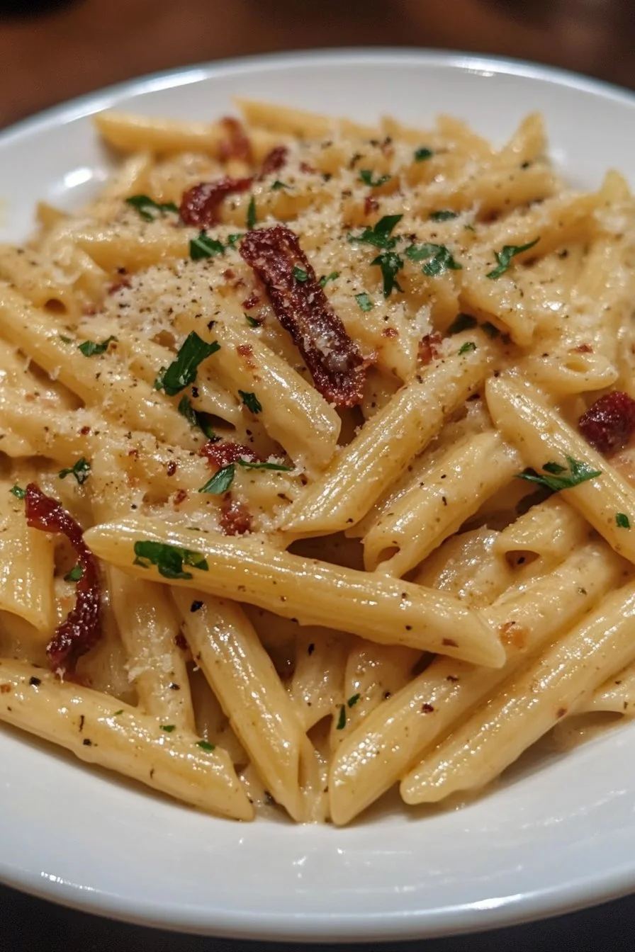 Penne Alfredo with Bacon and Sun Dried Tomato