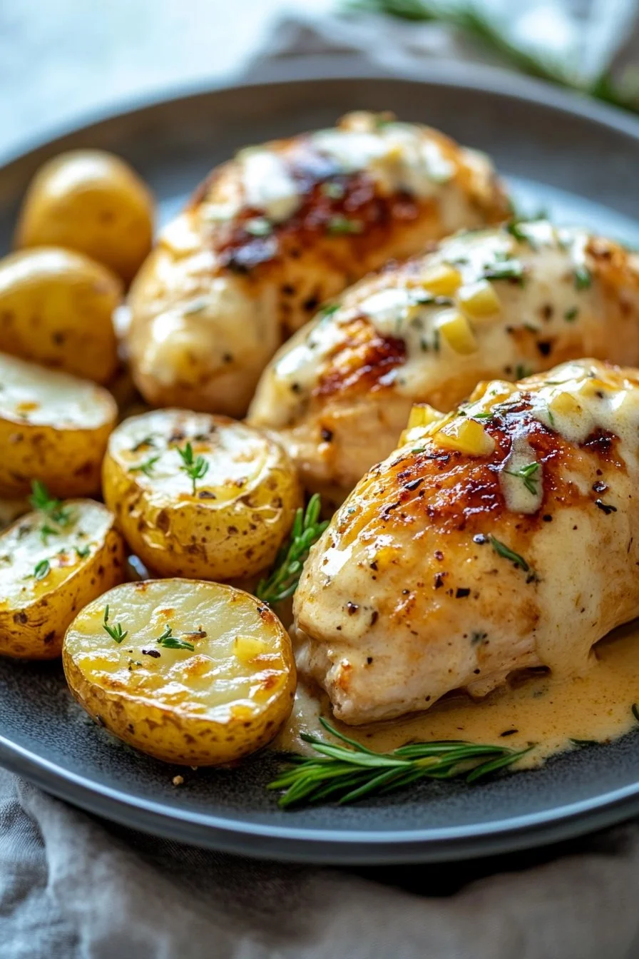 High-Protein Creamy Garlic Cheesy Chicken & Potatoes! Only 502 Calories!