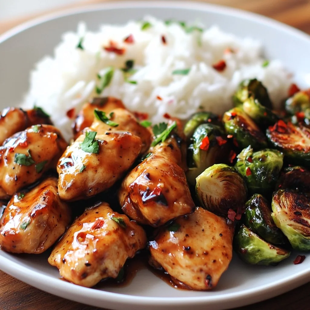 Air fried chicken breast served with roasted Brussels sprouts on a plate.