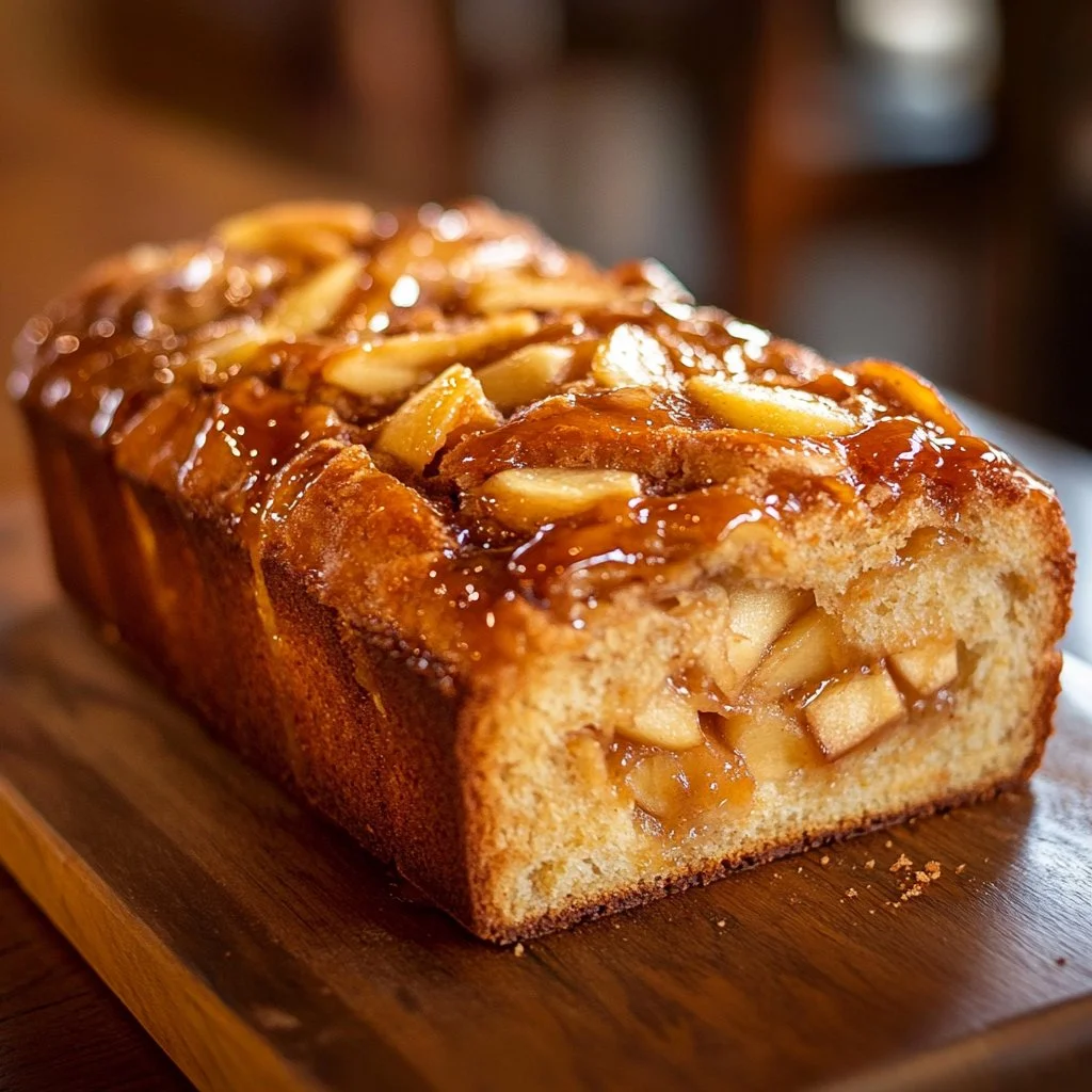 Amish apple fritter bread with chunks of apple and a glaze on top.