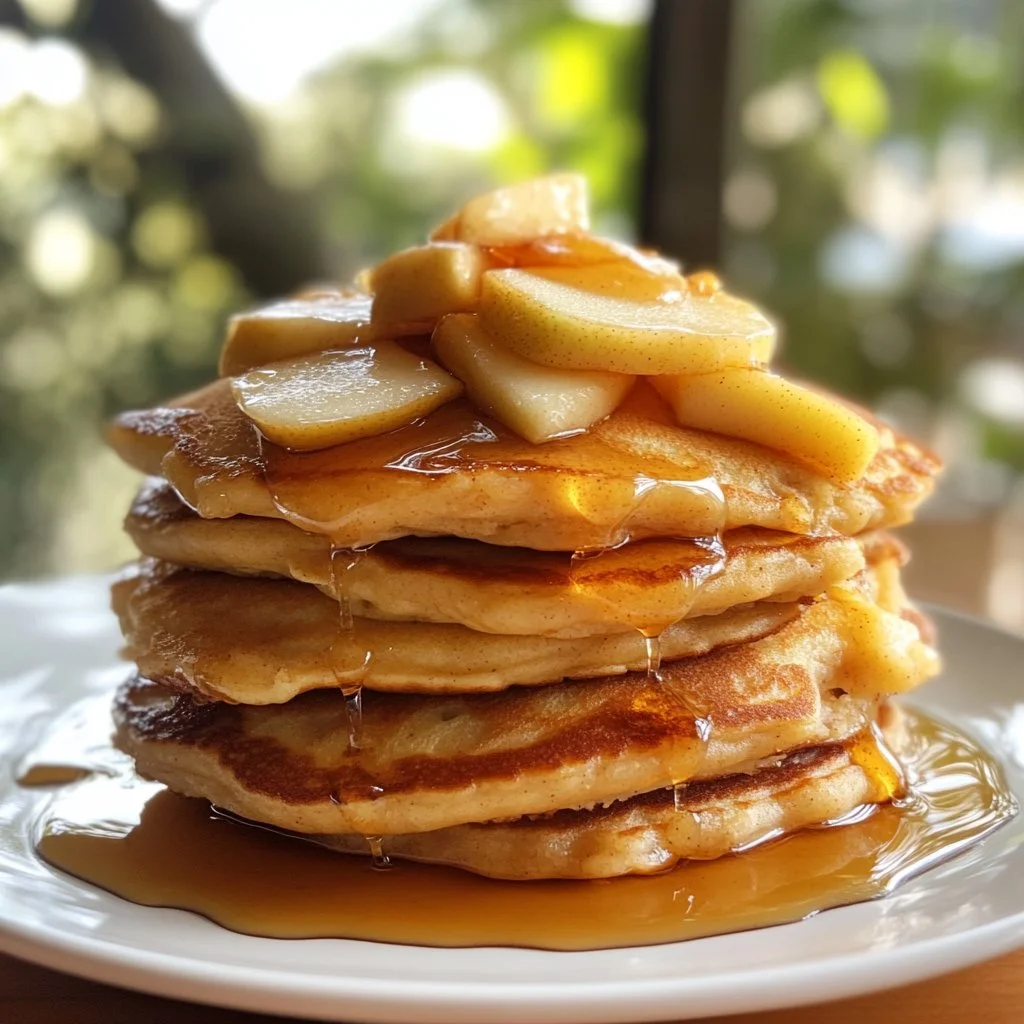 Delicious apple cinnamon pancakes topped with syrup and fresh apple slices