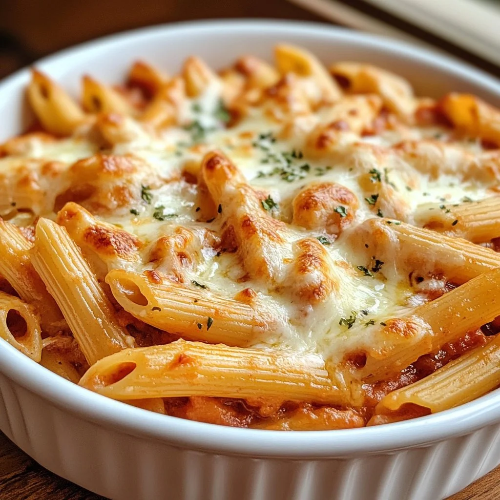 Delicious baked penne pasta topped with cheese and herbs