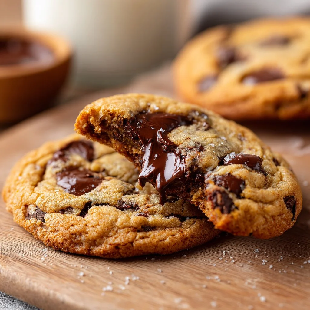 Bakery style chocolate chip cookies stacked on a cooling rack
