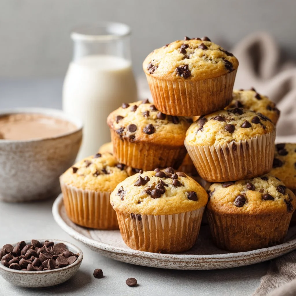 Bakery-style chocolate chip muffins freshly baked and ready to enjoy.