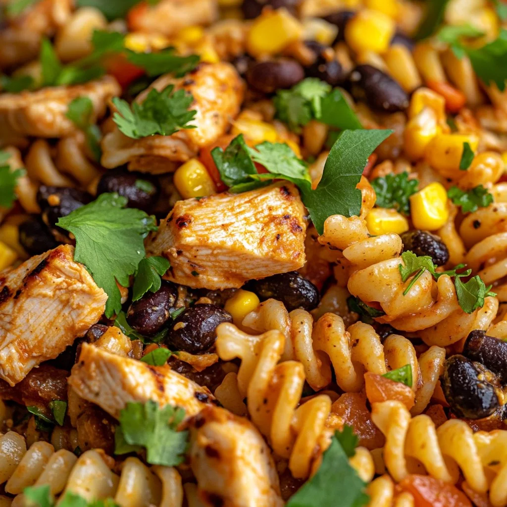 BBQ chicken pasta salad served in a bowl with fresh vegetables