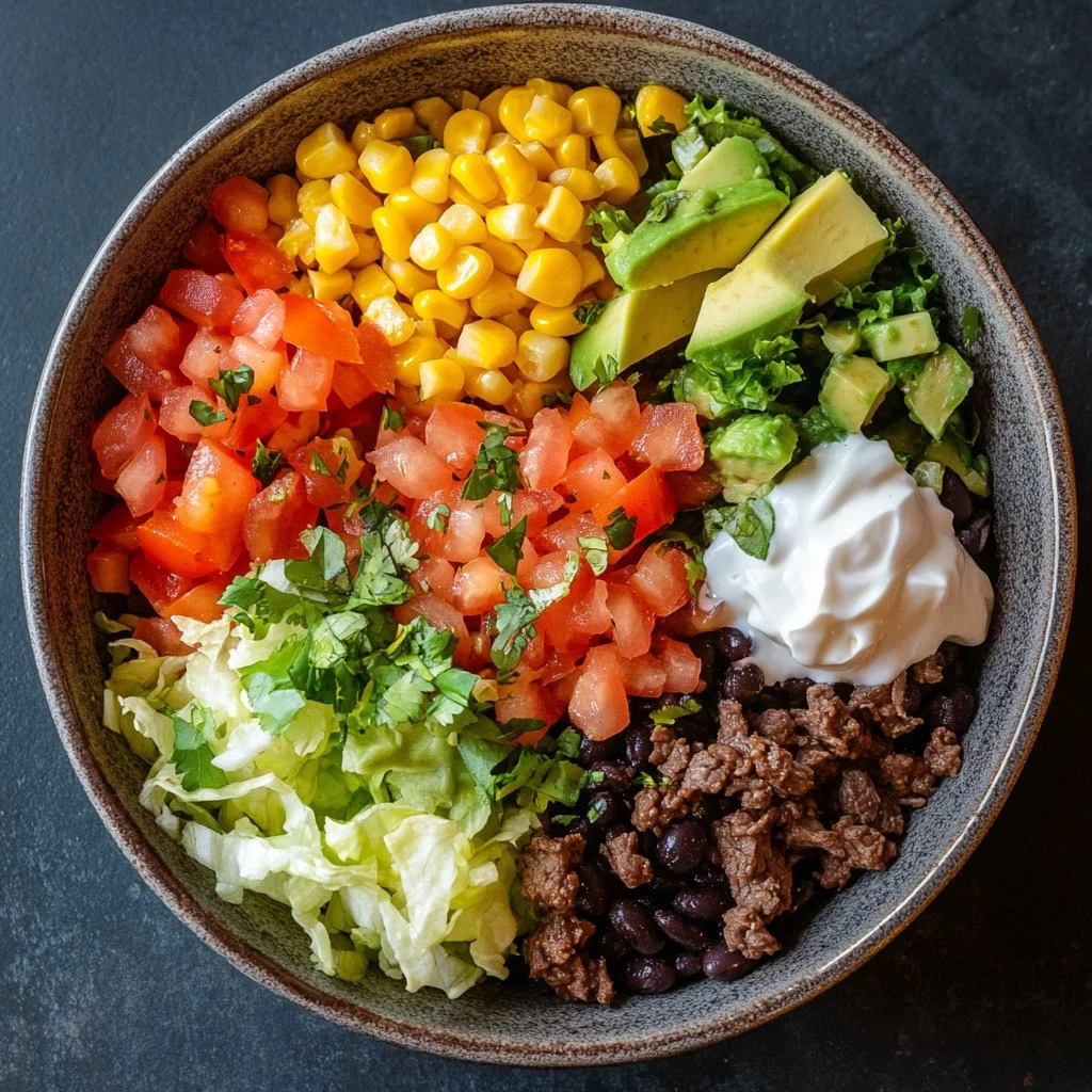 Delicious Beef and Bean Burrito Bowl served with toppings