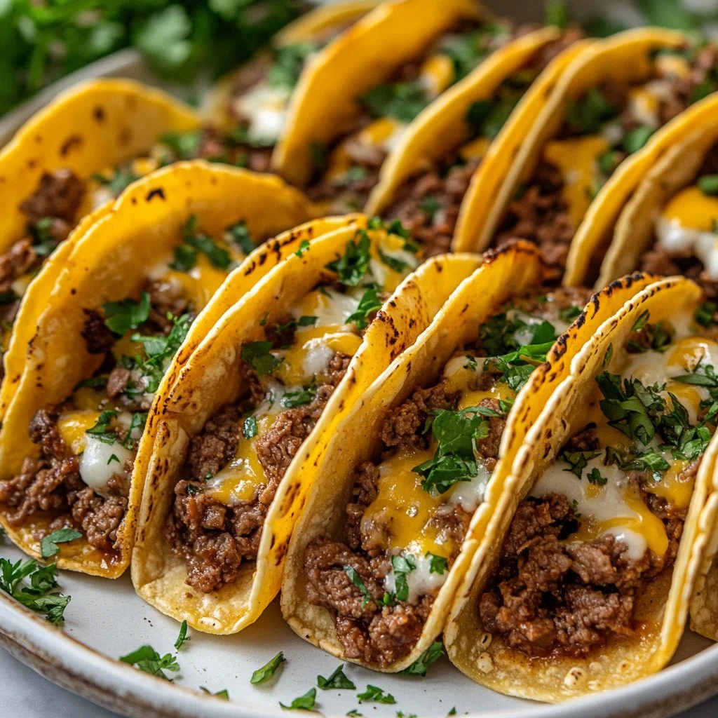 Beef and cheese oven baked tacos served on a plate