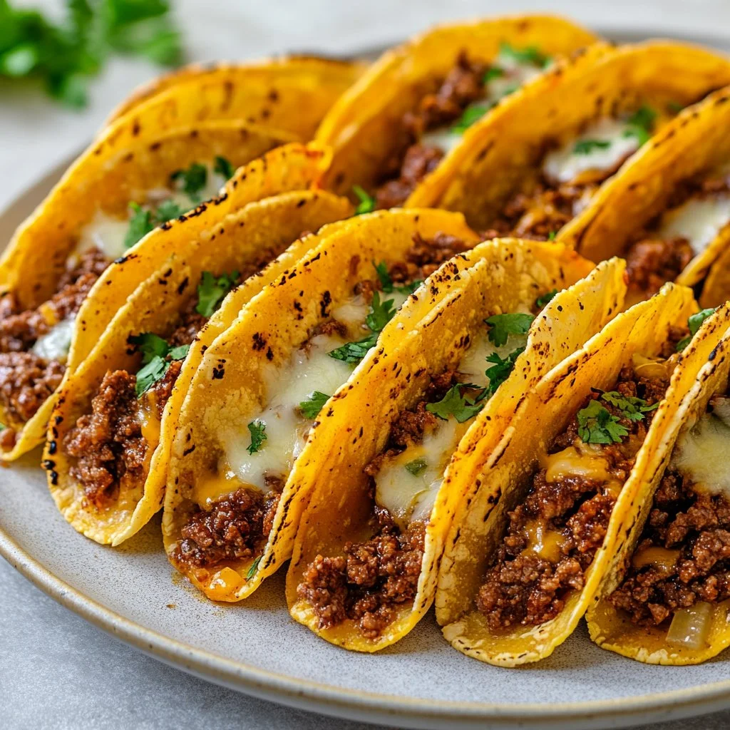 Delicious beef and cheese oven baked tacos on a plate, ready to serve.