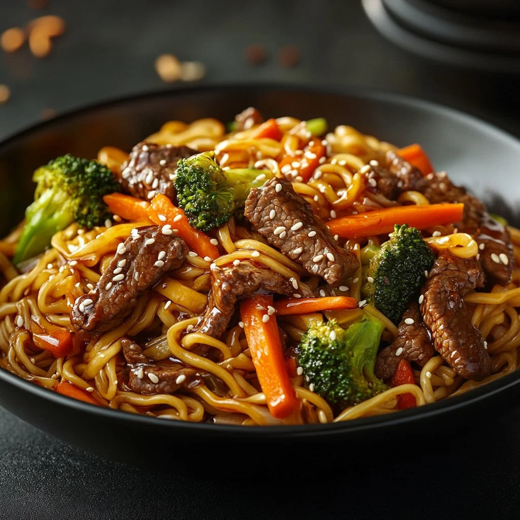 Delicious plate of Beef Lo Mein with tender beef and stir-fried vegetables
