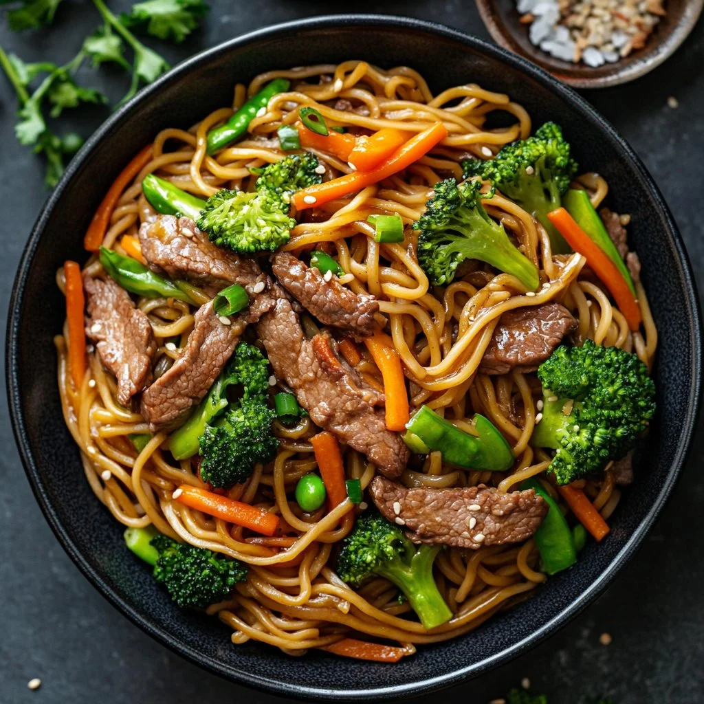 A bowl of Beef Lo Mein with tender beef slices and colorful vegetables.