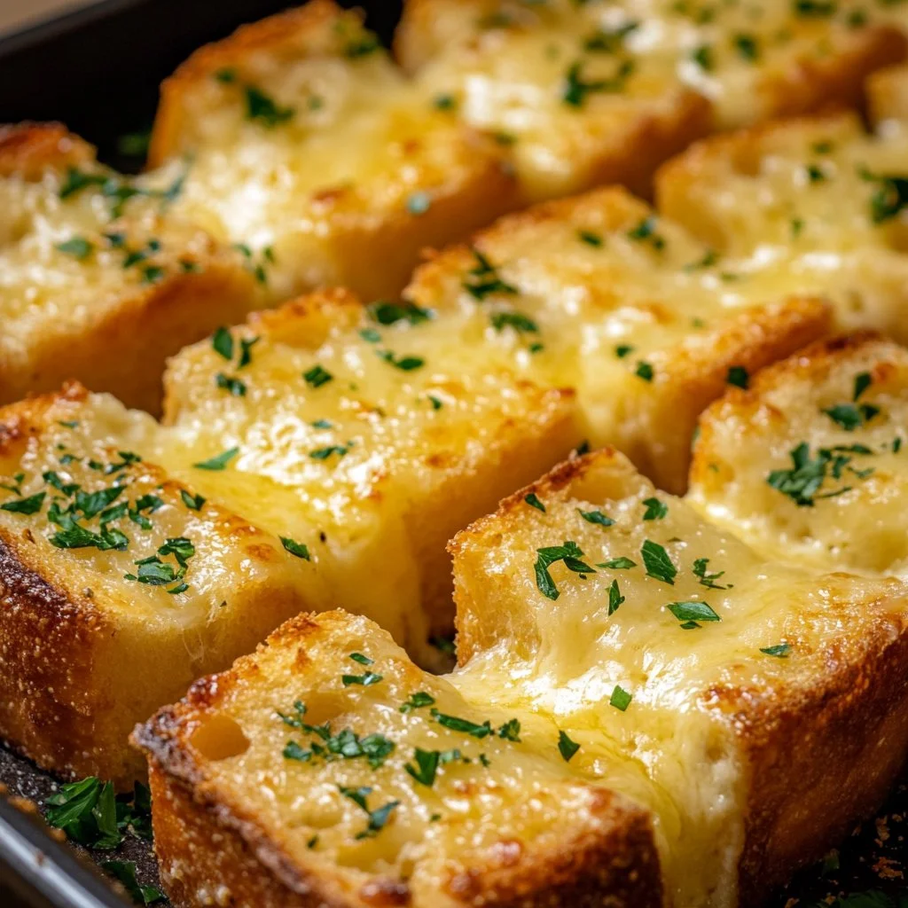 Delicious cheesy garlic bread fresh out of the oven, perfect for any meal.