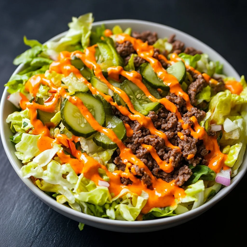 Big Mac Salad with romaine lettuce, beef, cheese, pickles, and special sauce