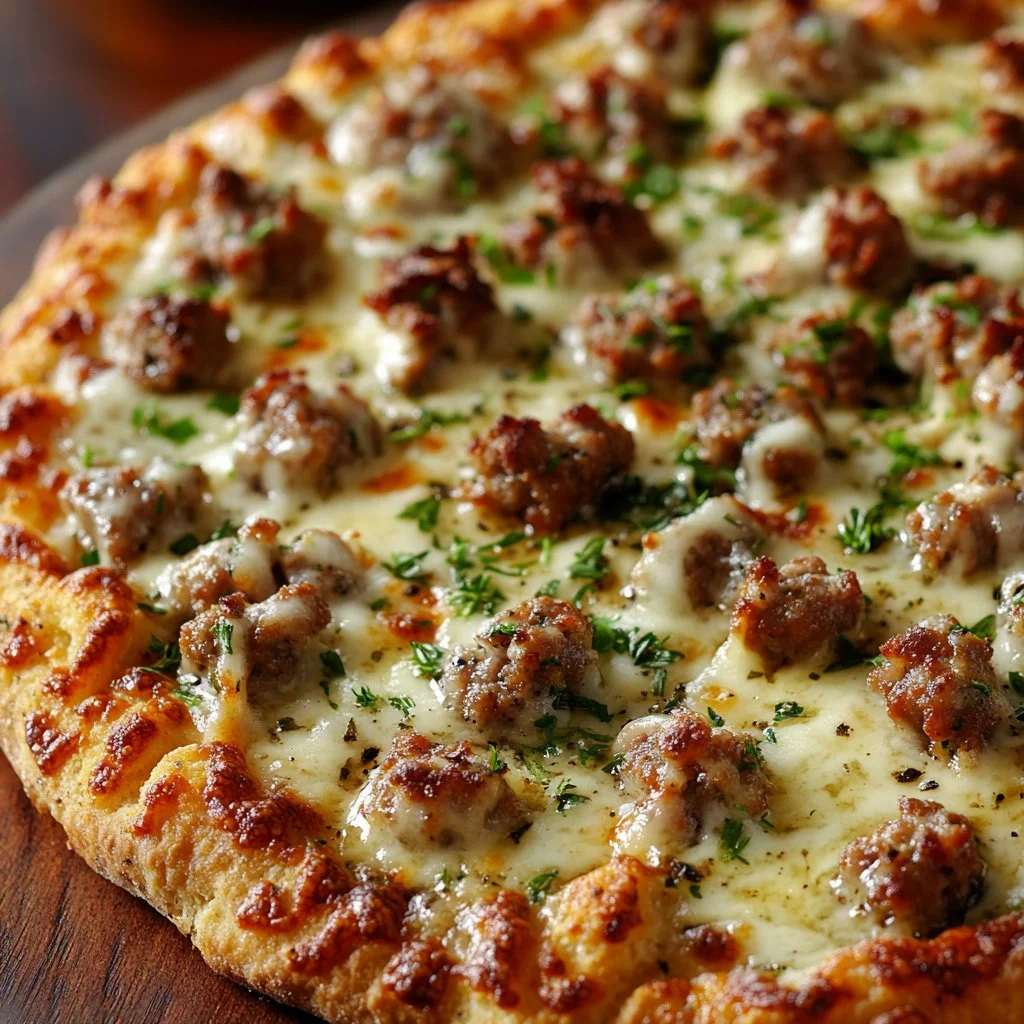 Delicious biscuits and sausage gravy breakfast pizza topped with fresh ingredients