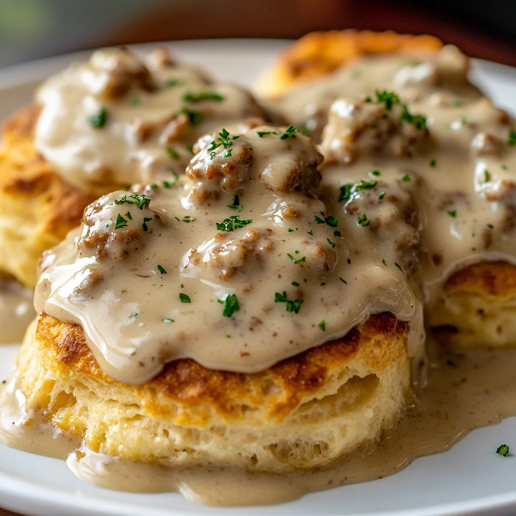 Delicious homemade sausage gravy served over warm biscuits