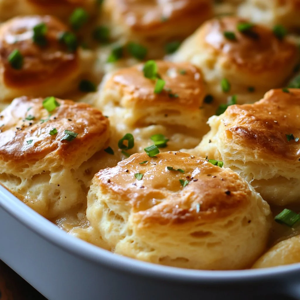 Delicious biscuits and gravy casserole with hashbrowns served on a plate
