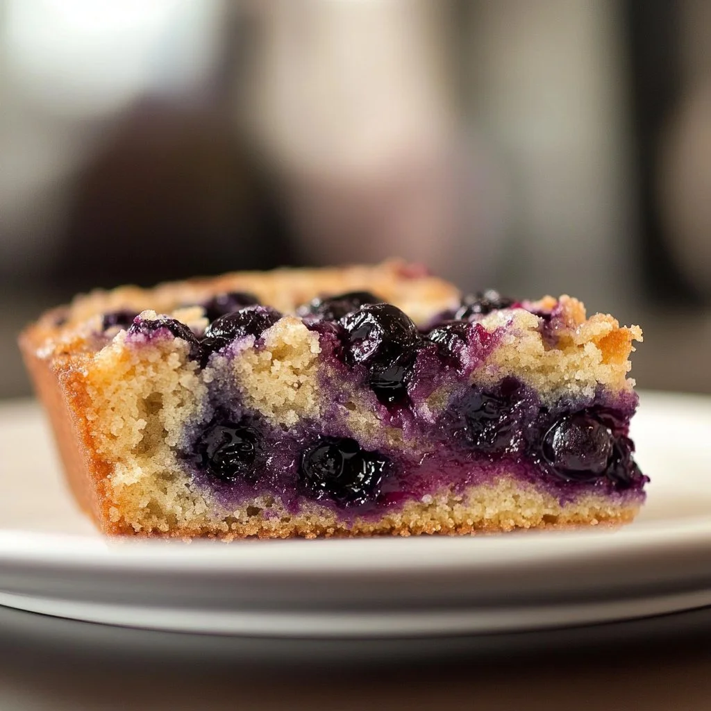 Delicious blueberry breakfast cake topped with fresh blueberries and a dusting of powdered sugar.