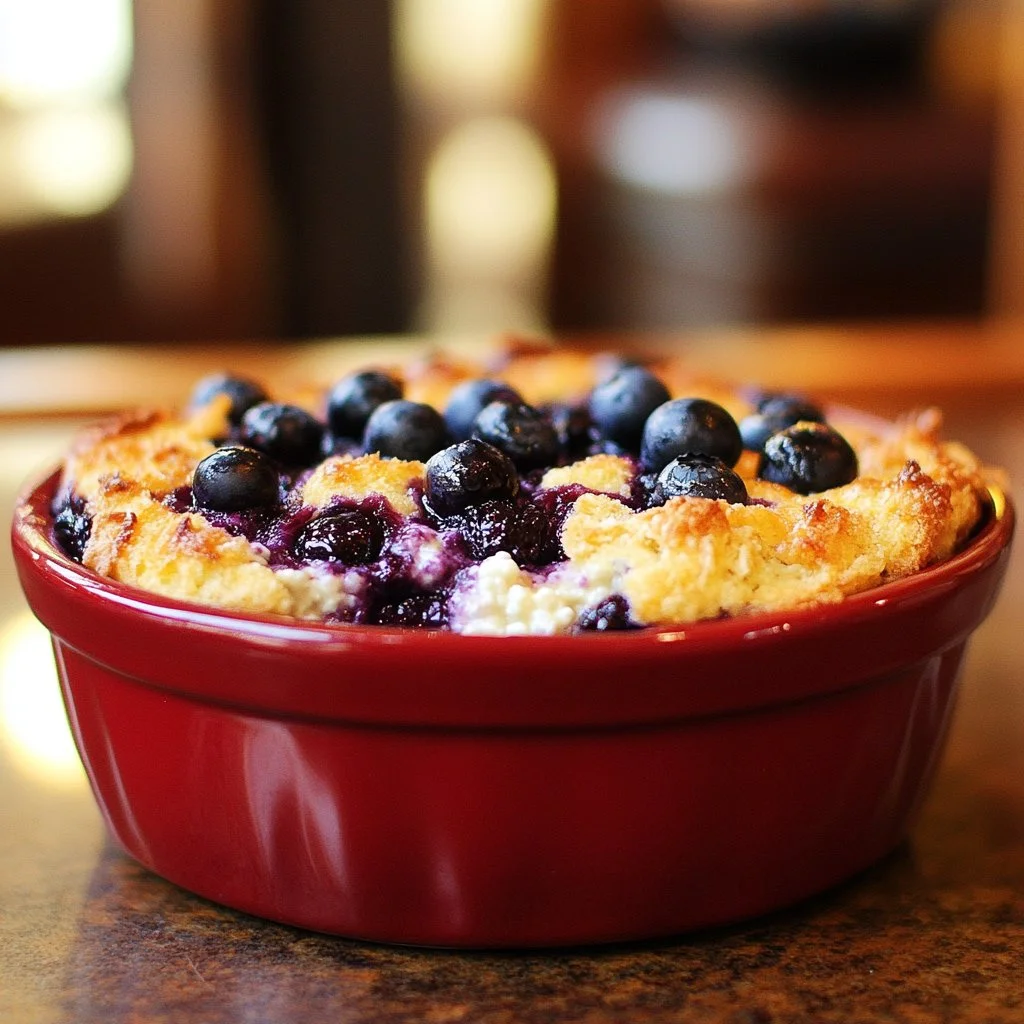 Blueberry Cottage Cheese Breakfast Bake topped with fresh blueberries