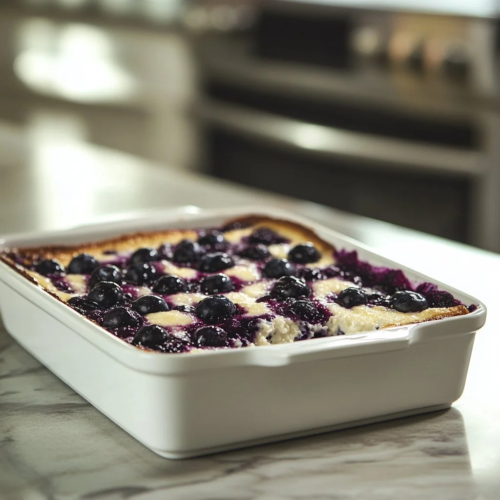 Blueberry cottage cheese breakfast bake in a dish with fresh blueberries on top