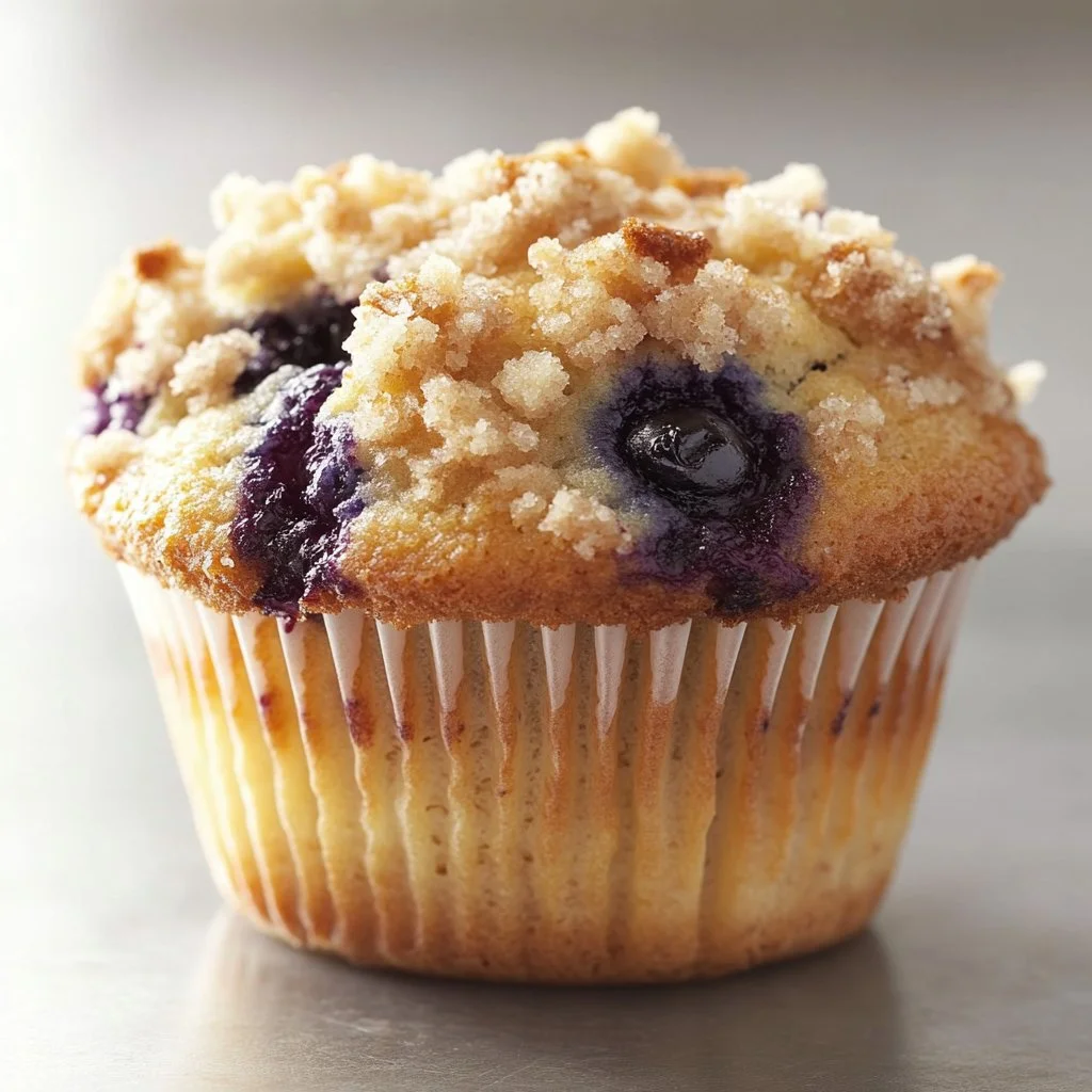 Freshly baked blueberry muffins with golden tops and juicy blueberries