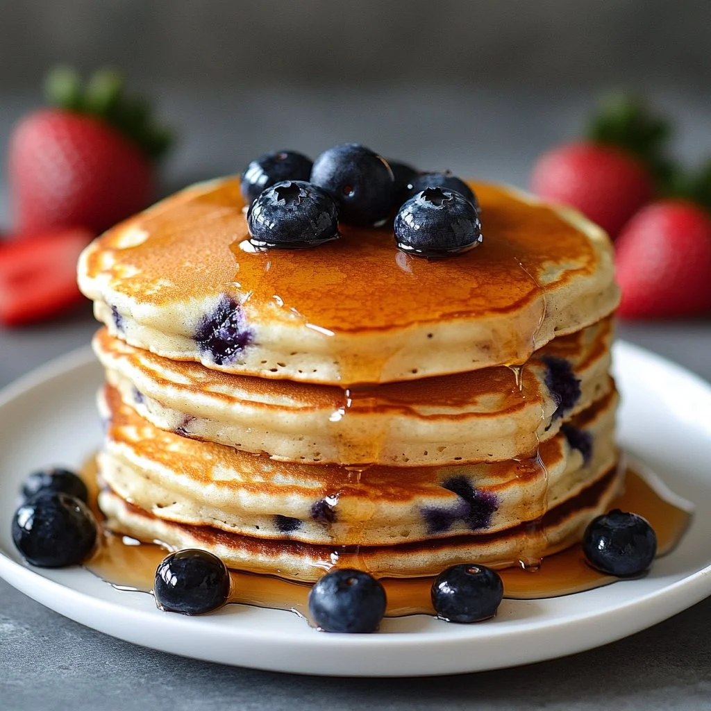 Delicious stack of blueberry pancakes with fresh berries and syrup